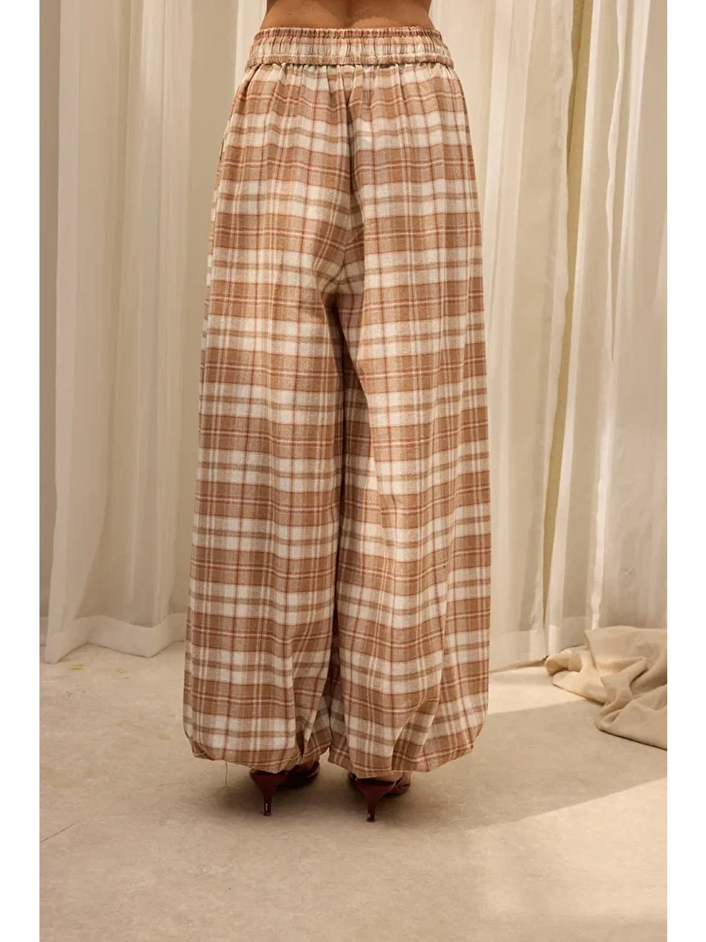 Jolene Ekoseli Bej Şalvar Pantolon-4