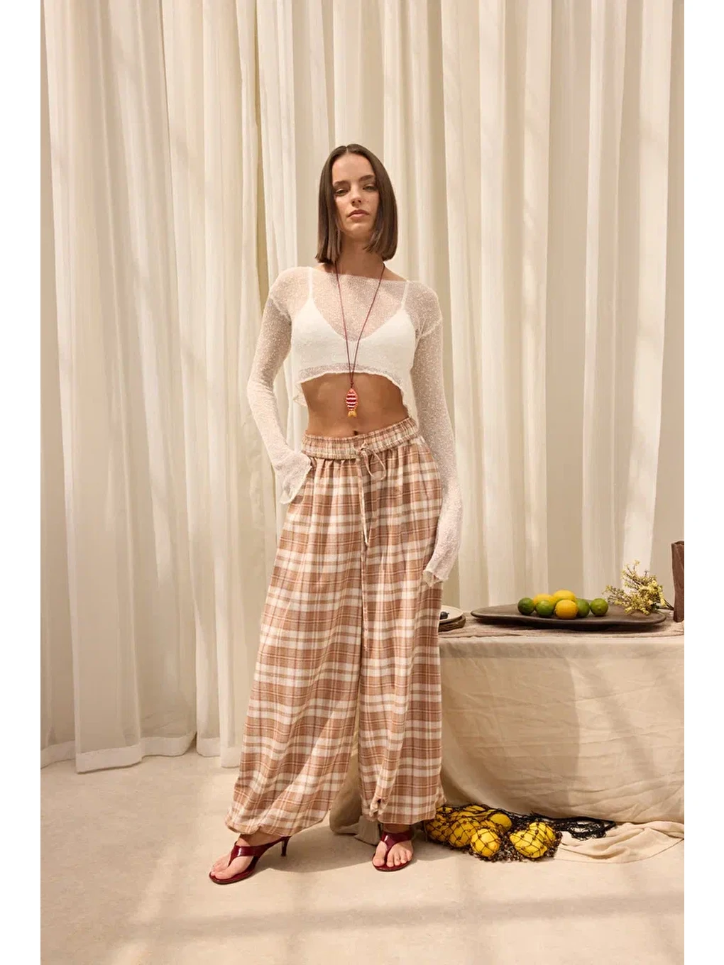 Jolene Ekoseli Bej Şalvar Pantolon-5