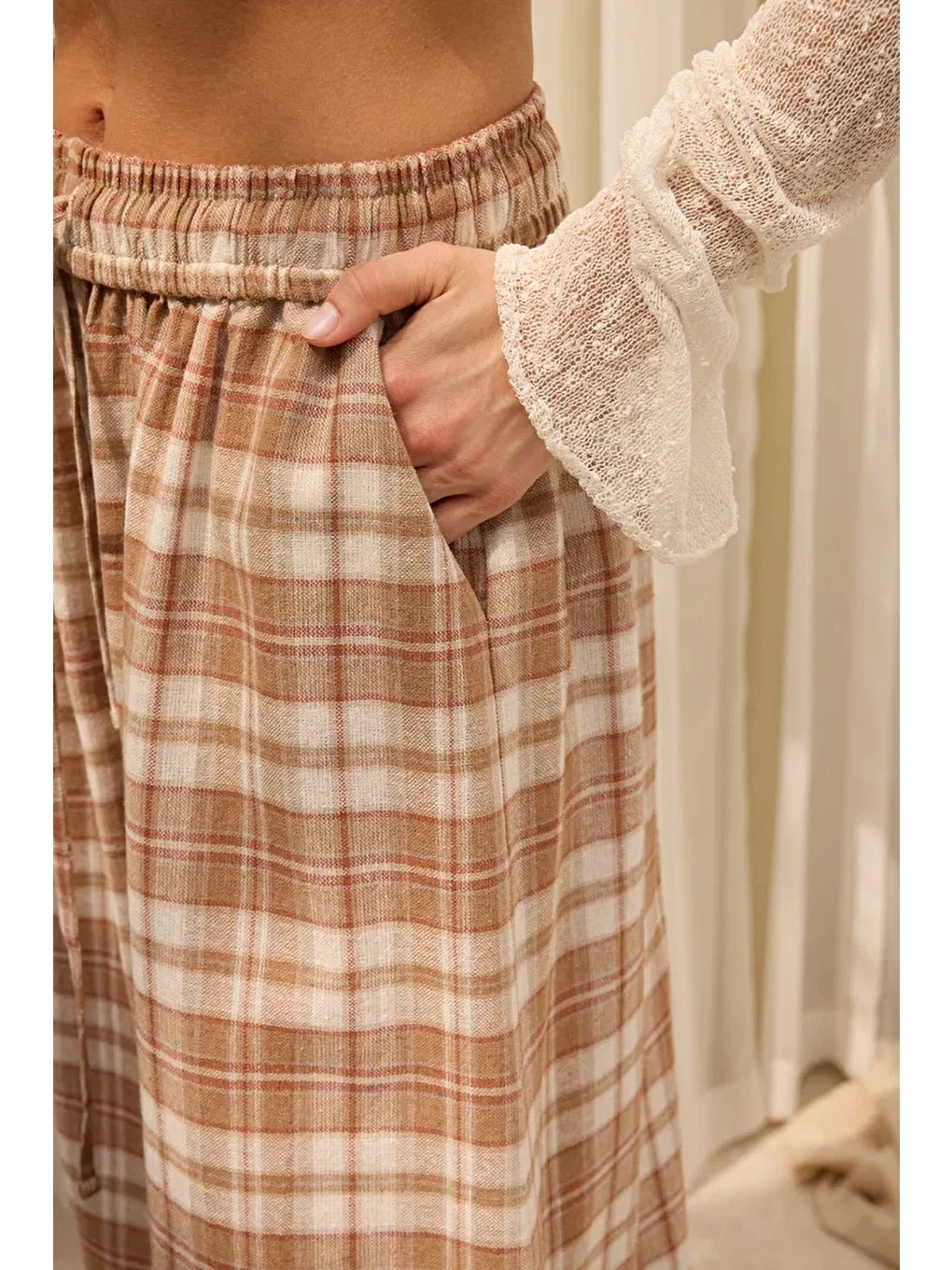 Jolene Ekoseli Bej Şalvar Pantolon-7