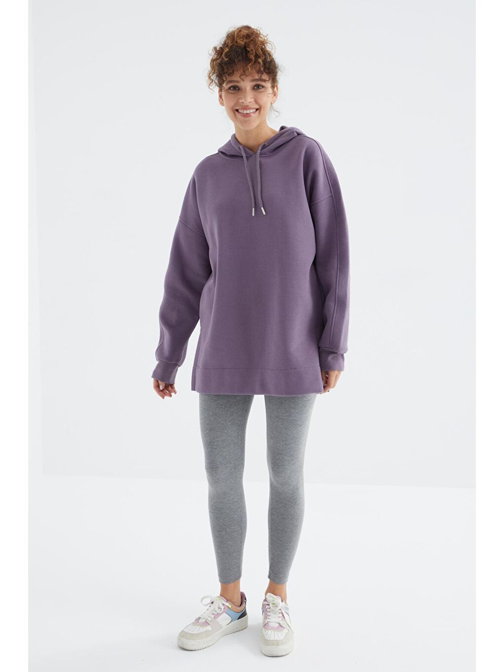 TOMMYLIFE Mor Eflatun Reglan Kol Basic Kapüşonlu Oversize Tunik - 97242 - 1