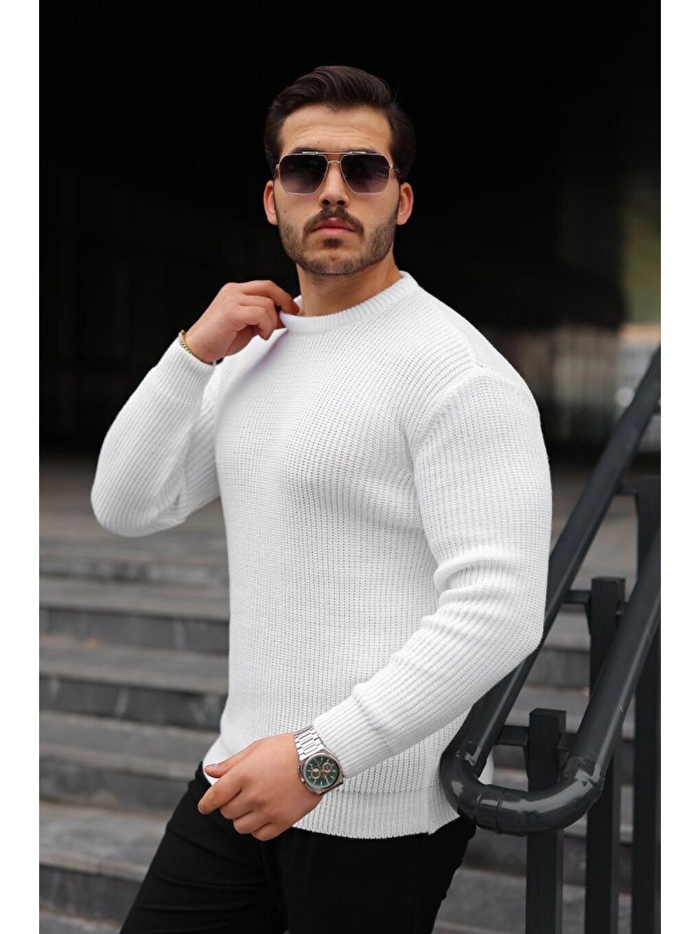 Beyaz Erkek Bisiklet Yaka Örme Kazak-2