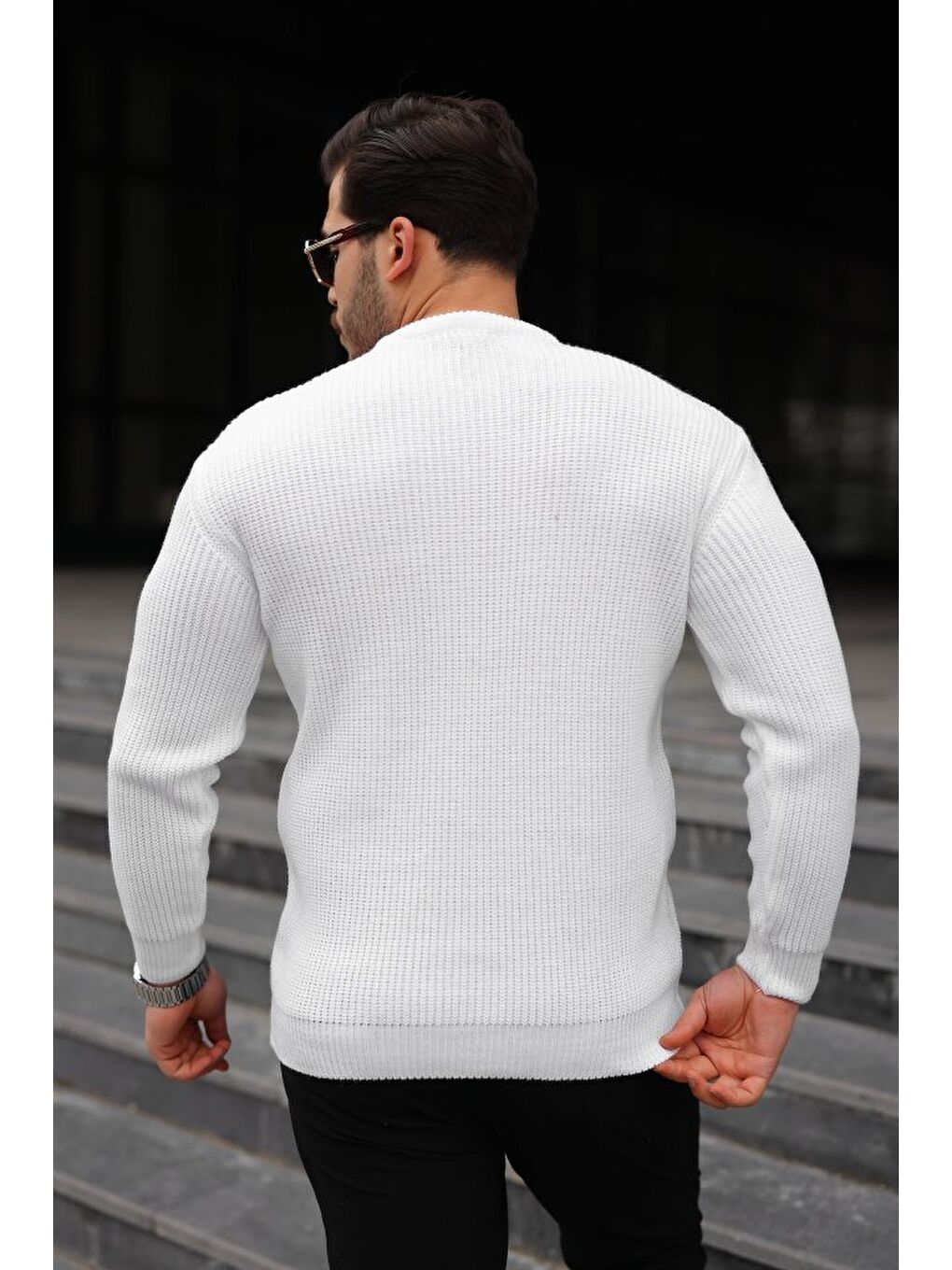 Beyaz Erkek Bisiklet Yaka Örme Kazak-3
