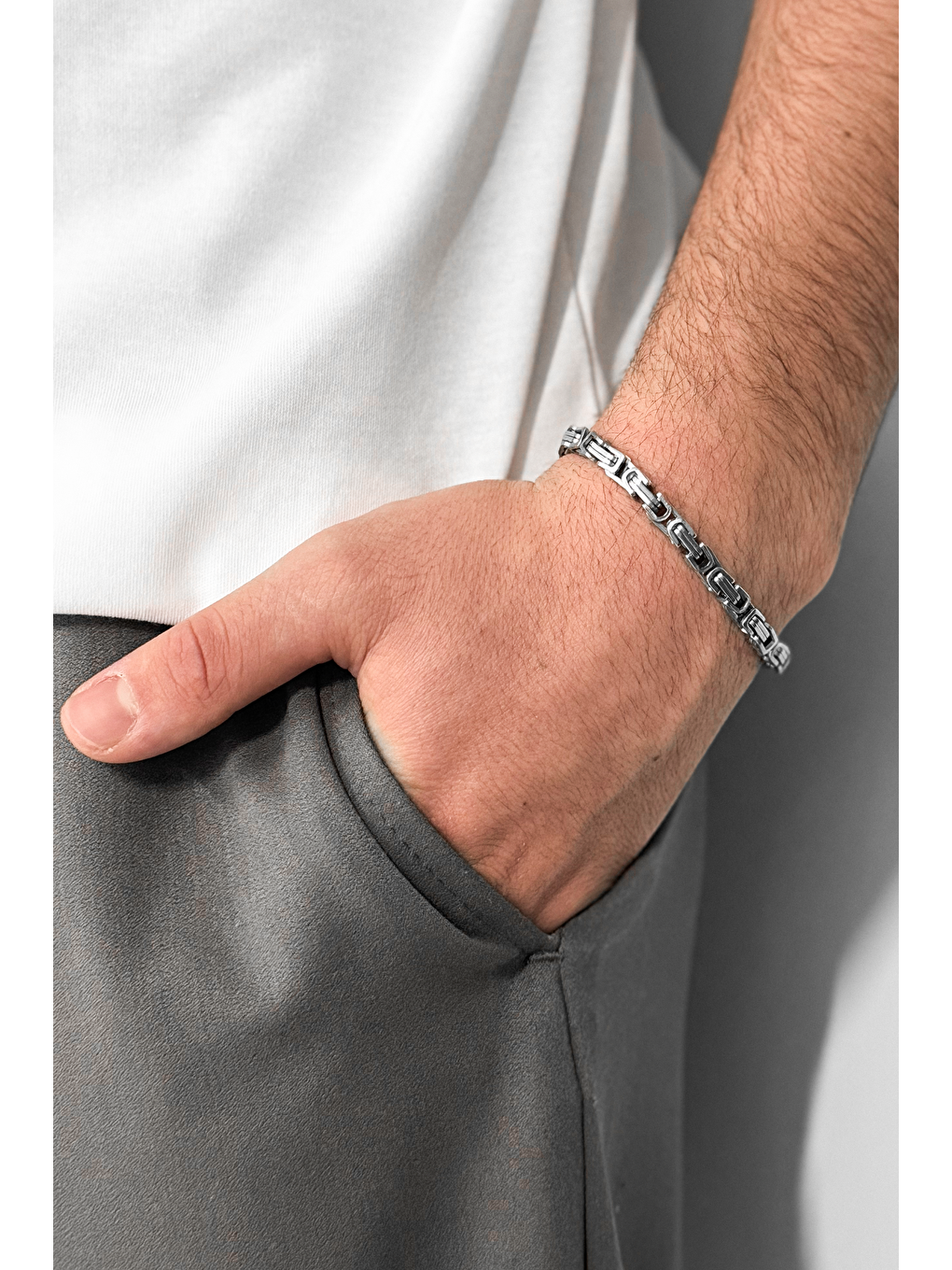 Gri Erkek Şerit Çelik  Bileklik Gümüş-1