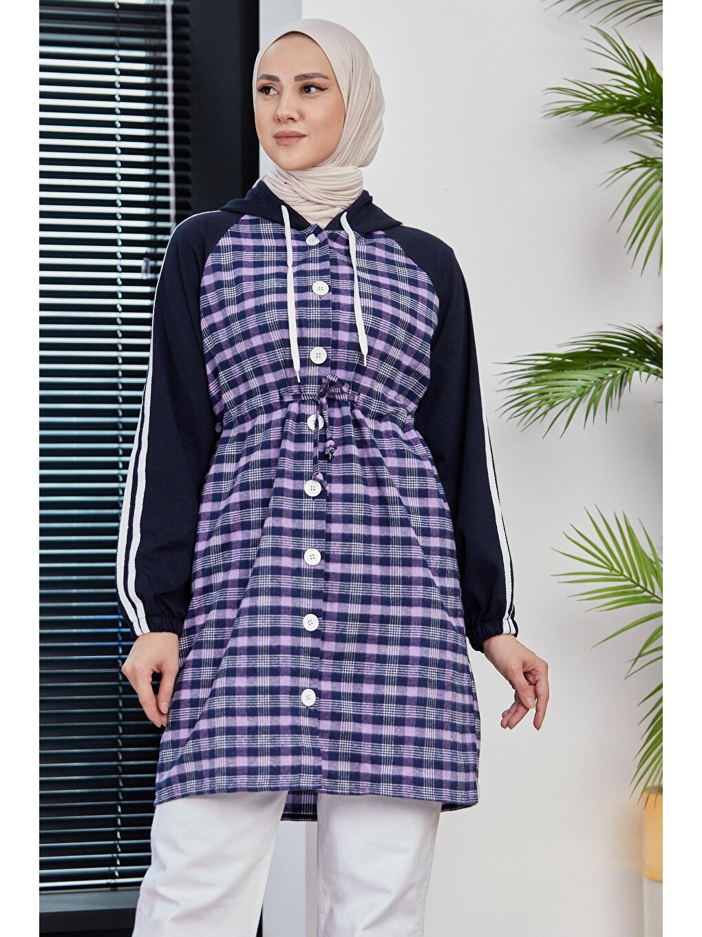 Kapüşonlu Yaka Kadın Lila Kapüşonlu Tunık - 3861