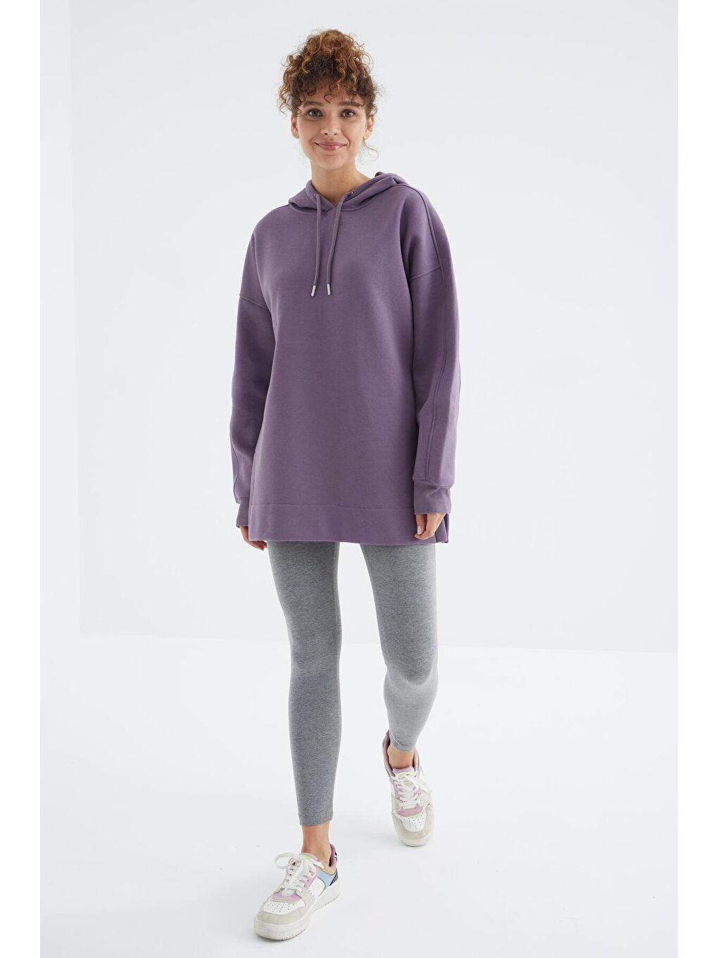 TOMMYLIFE Mor Eflatun Reglan Kol Basic Kapüşonlu Oversize Tunik - 97242 - 3