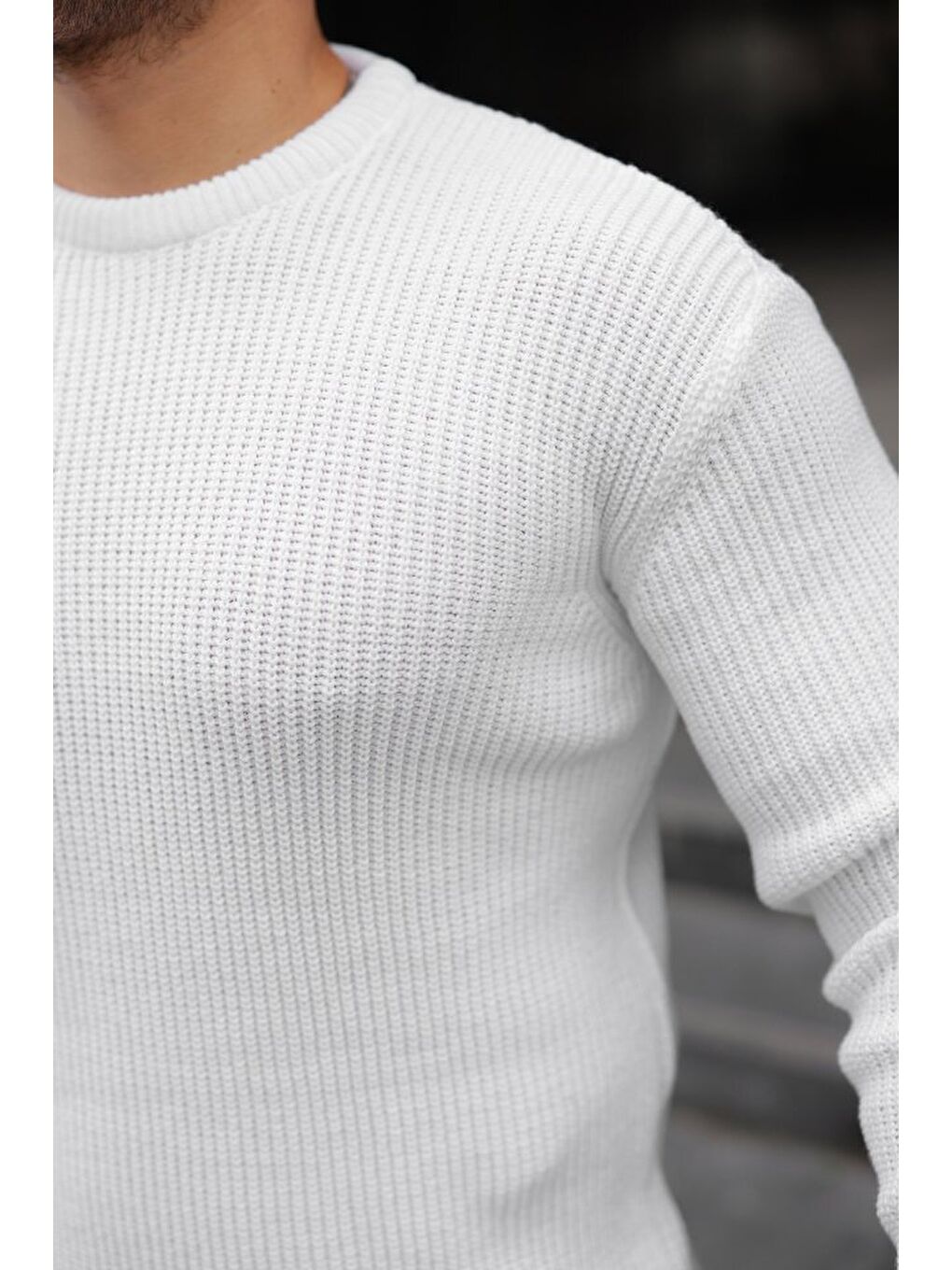 Beyaz Erkek Bisiklet Yaka Örme Kazak-4