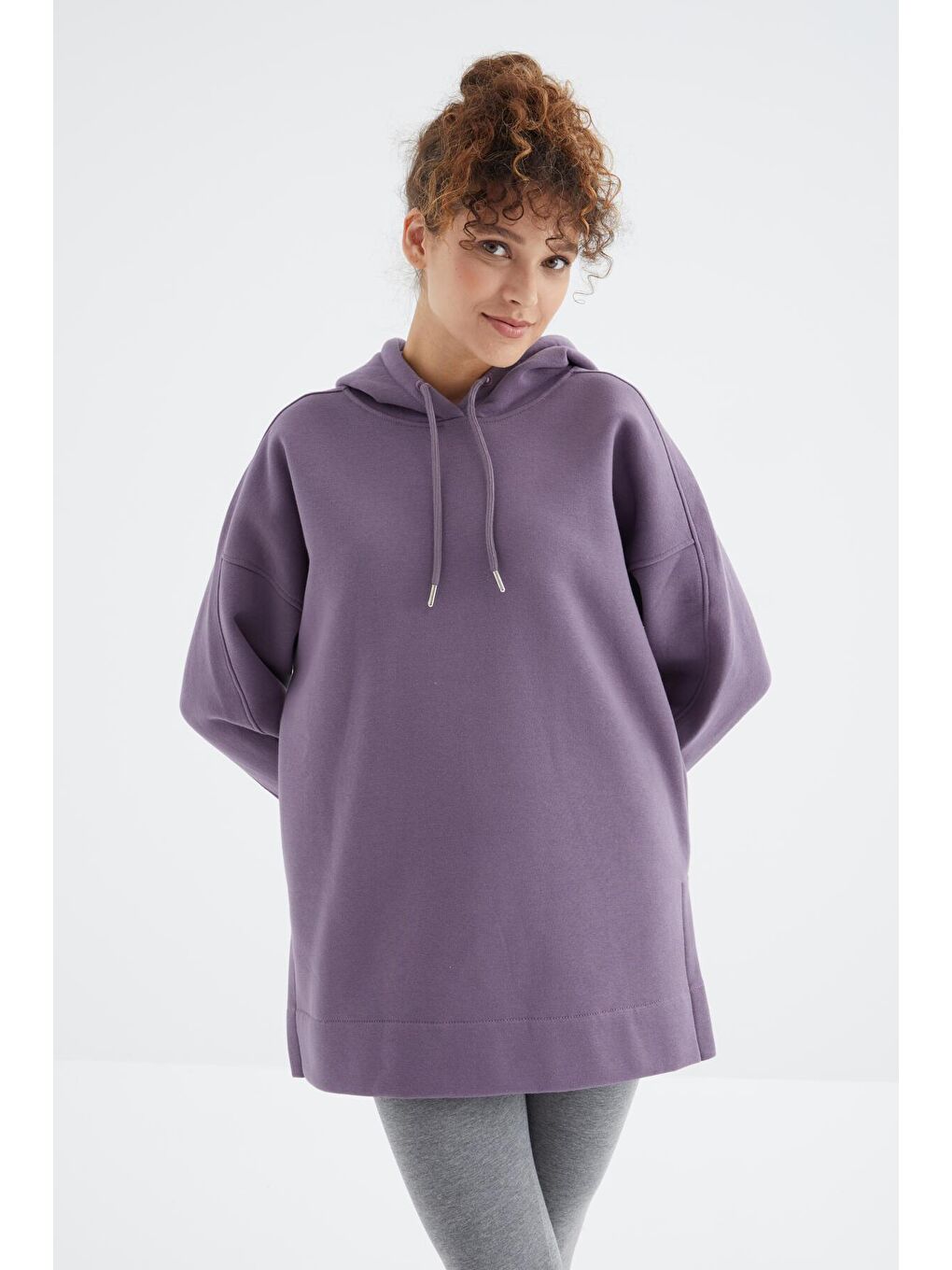 TOMMYLIFE Mor Eflatun Reglan Kol Basic Kapüşonlu Oversize Tunik - 97242 - 4