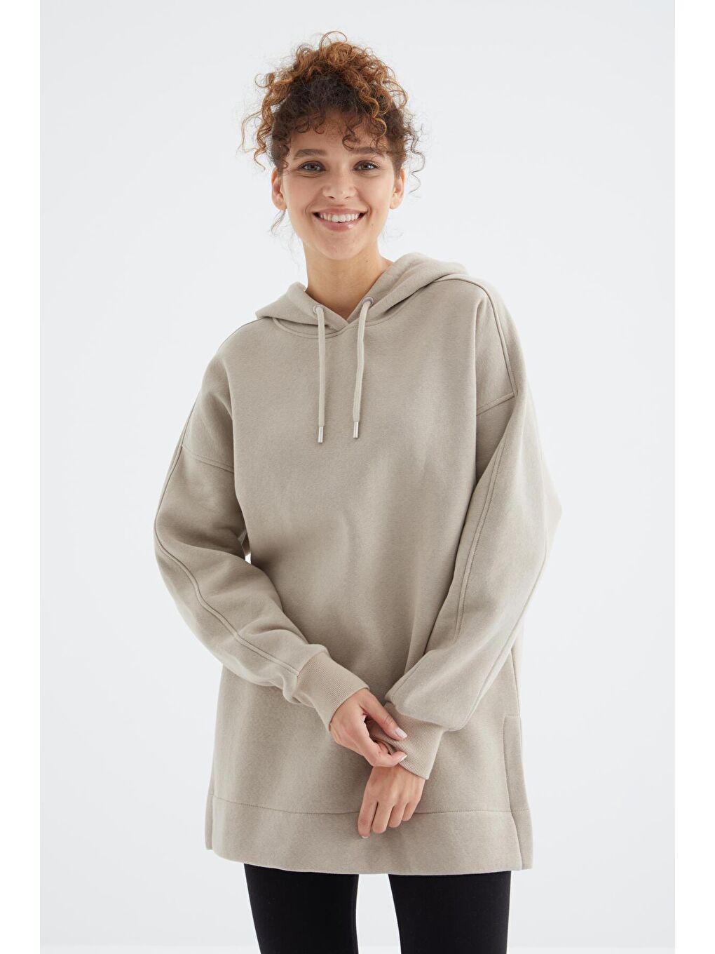 TOMMYLIFE Koyu Bej Reglan Kol Basic Kapüşonlu Oversize Tunik - 97242 - 2