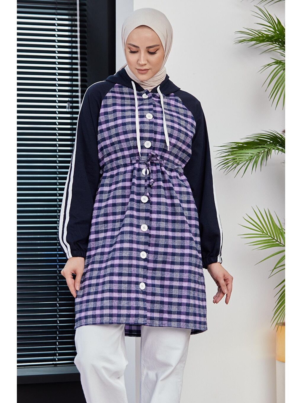 Kapüşonlu Yaka Kadın Lila Kapüşonlu Tunık - 3861-2