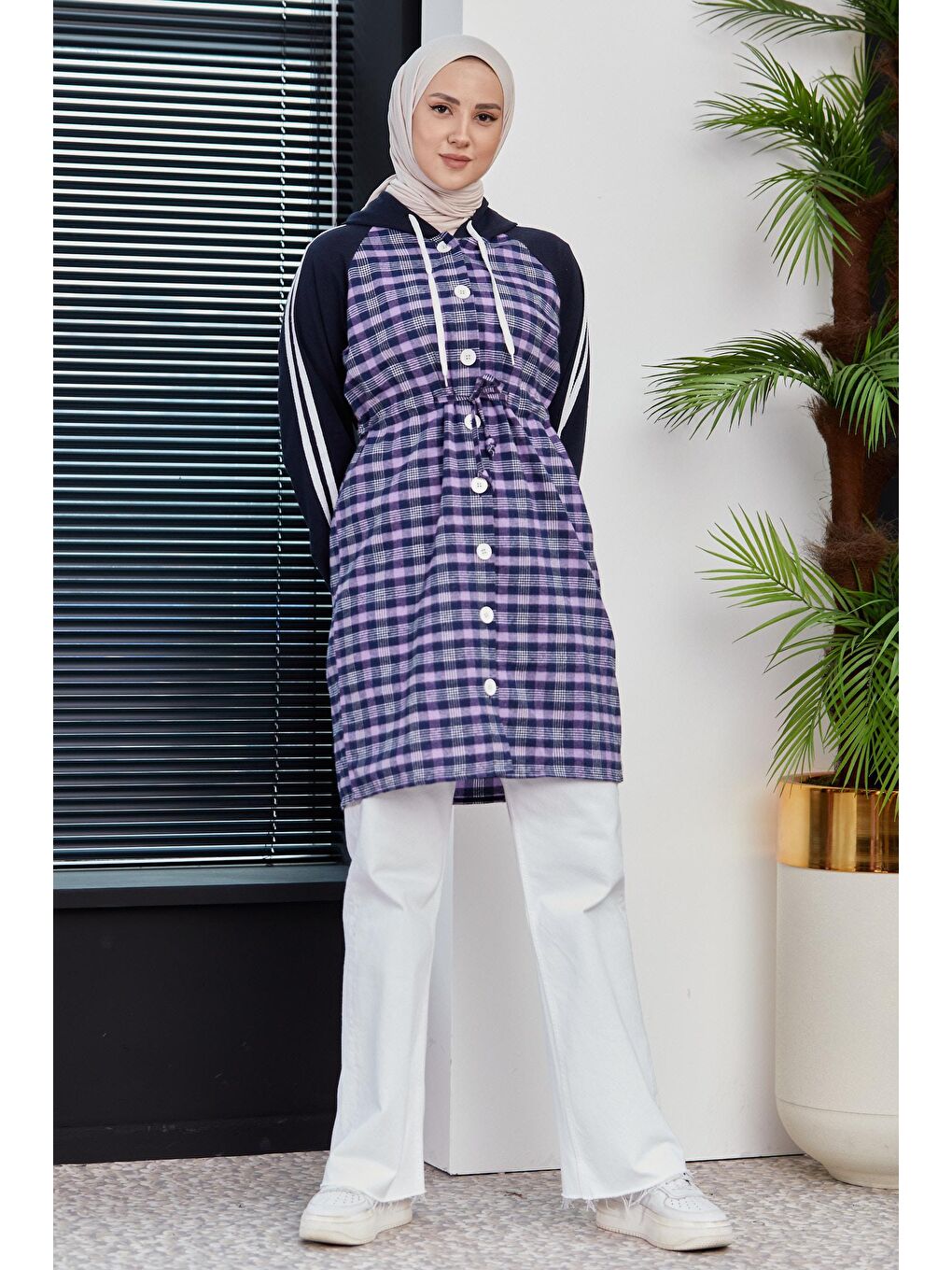 Kapüşonlu Yaka Kadın Lila Kapüşonlu Tunık - 3861-3