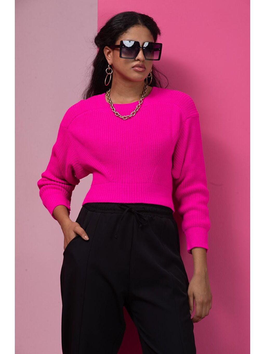 Fuşya Kadın Selanik Örgü Triko Kazak