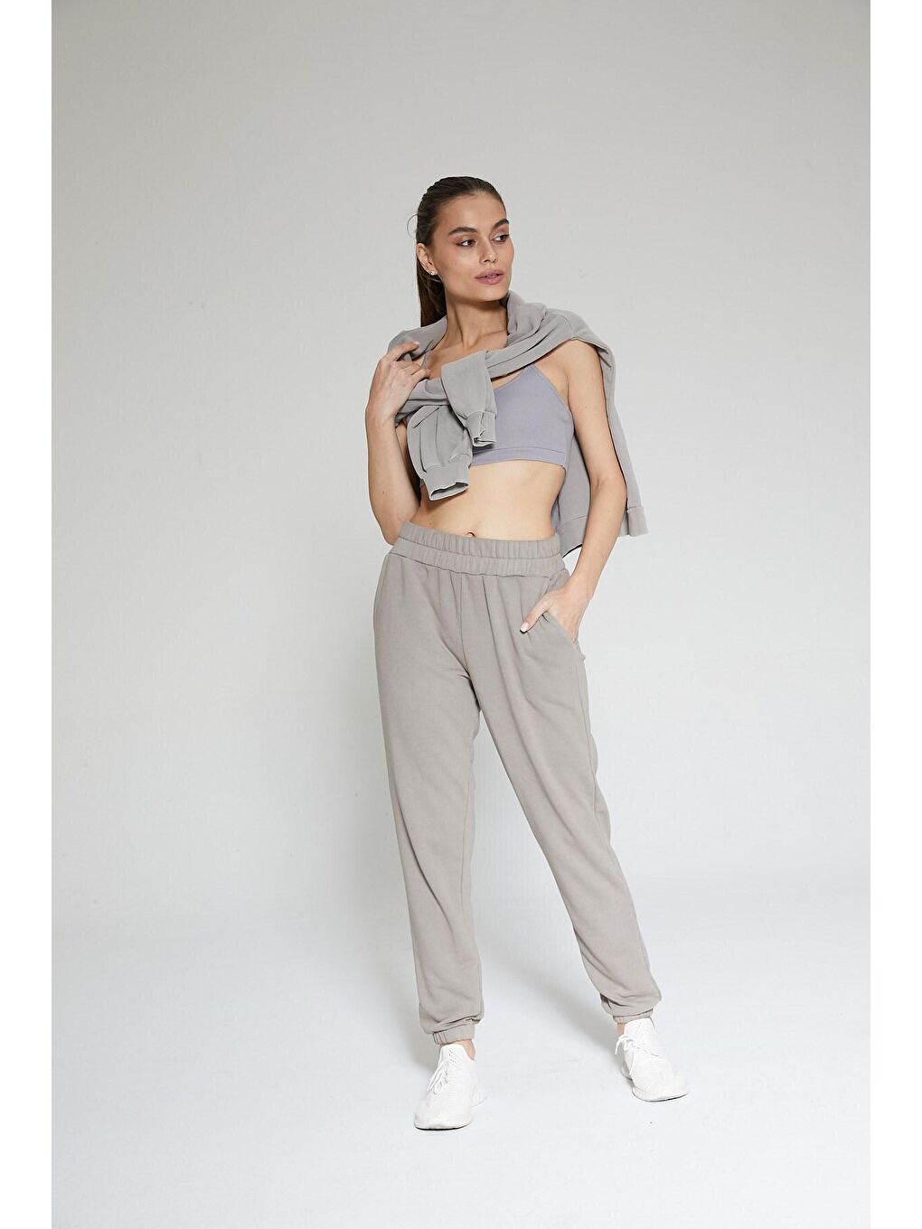 Gri Kadın Mineral Boyalı Organik Pamuklu Yüksek Bel Jogger Eşofman Altı - Mila-4