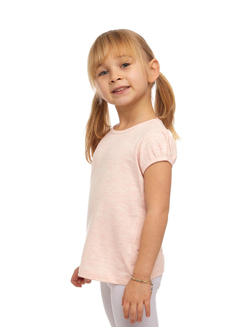 Açık Pembe Melanj Kız Çocuk Kısa Kollu Basıc Tişört-1