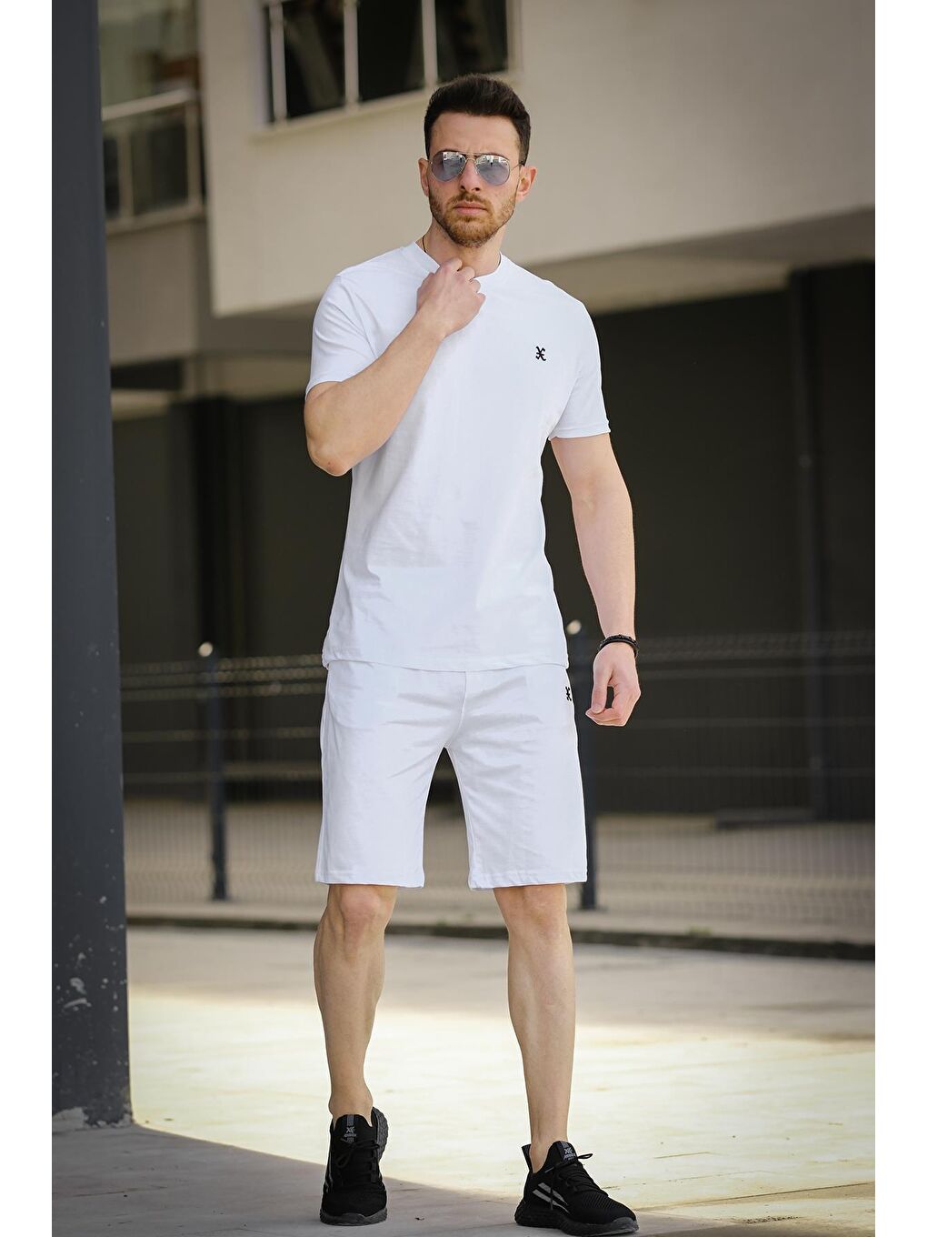 Beyaz Likralı Basic Erkek Tişört Şort Takım-1