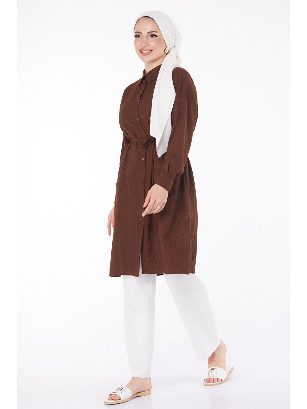 Gömlek Yaka Kadın Kahverengi Kuşaklı Tunik - 25889-1