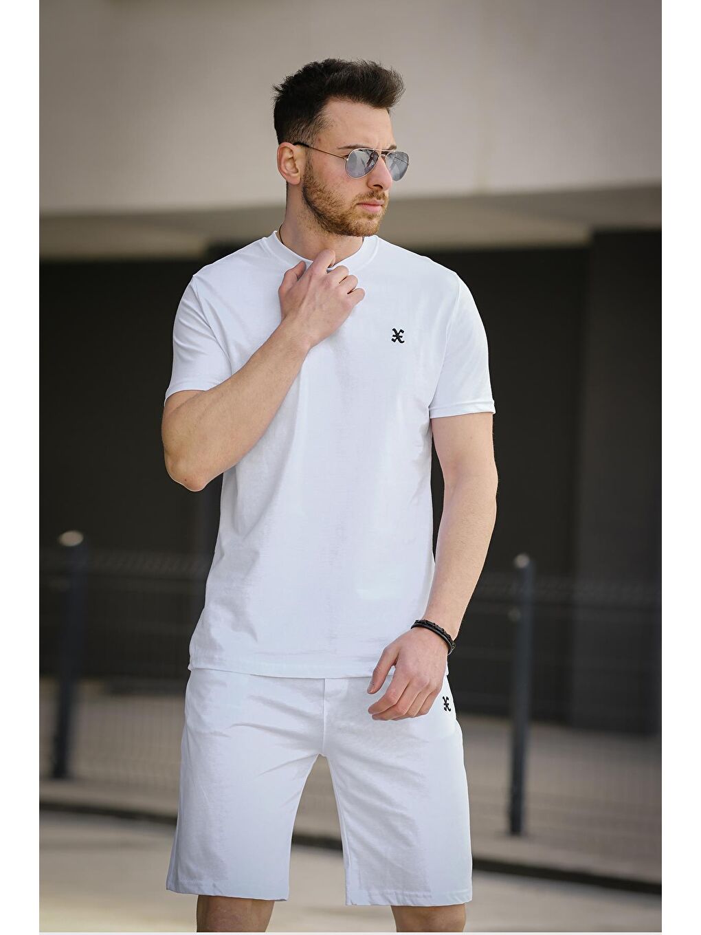 Beyaz Likralı Basic Erkek Tişört Şort Takım-2