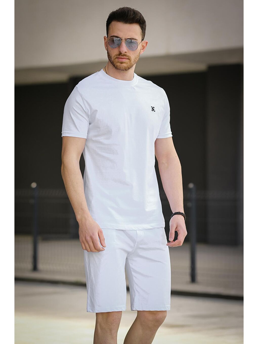 Beyaz Likralı Basic Erkek Tişört Şort Takım-3