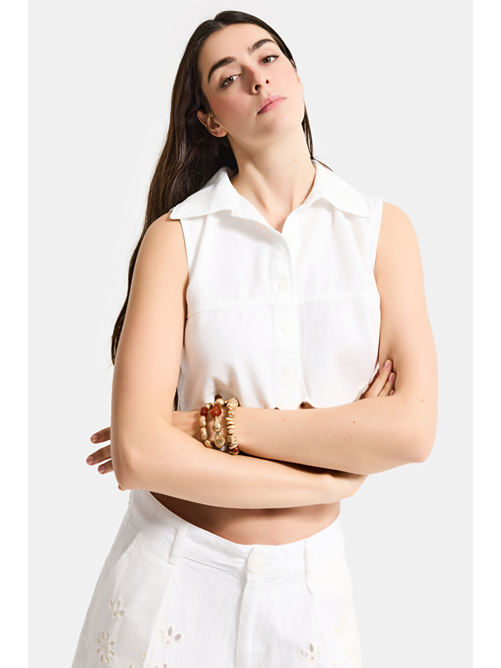 Kadın Kırık Beyaz 7s6-101 Crop Fit Dantel Detaylı Tasarım Yelek-4