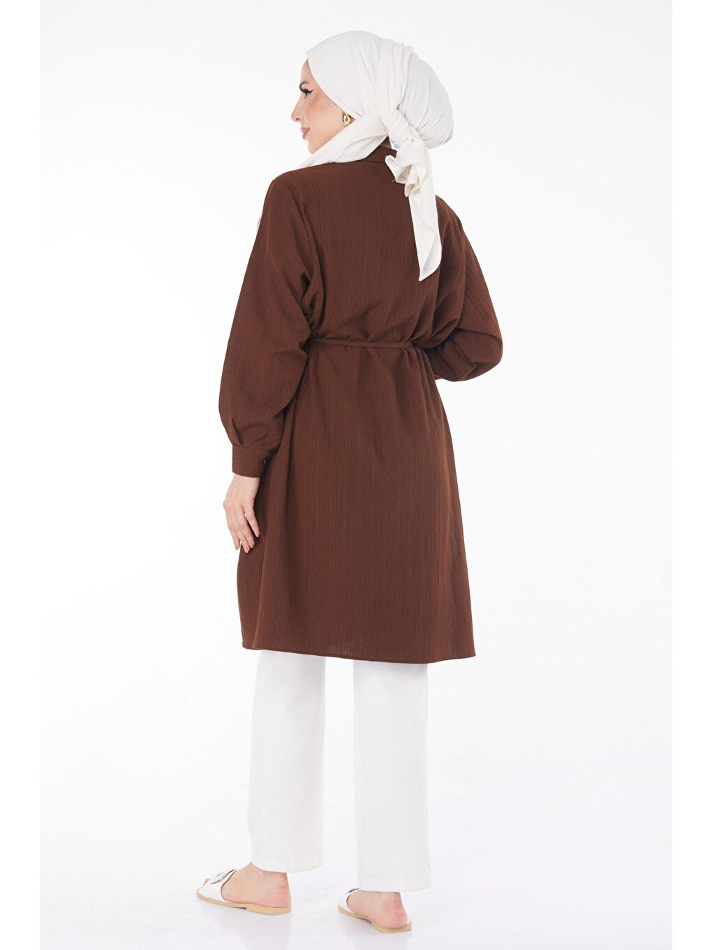 Gömlek Yaka Kadın Kahverengi Kuşaklı Tunik - 25889-4