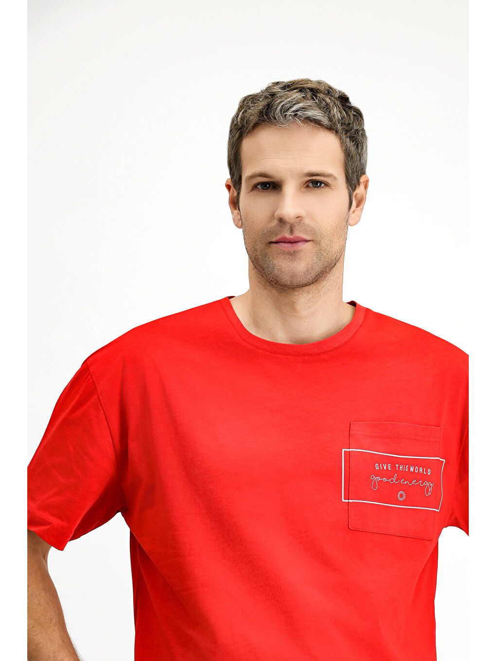 Kırmızı Bisiklet Yaka Oversize Pamuk Baskılı Tişört-2