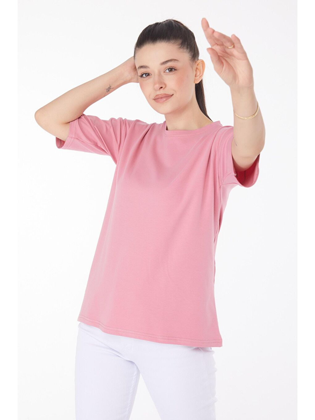 TOFİSA Pembe Düz Bisiklet Yaka Kadın Pembe T-Shirt - 25849