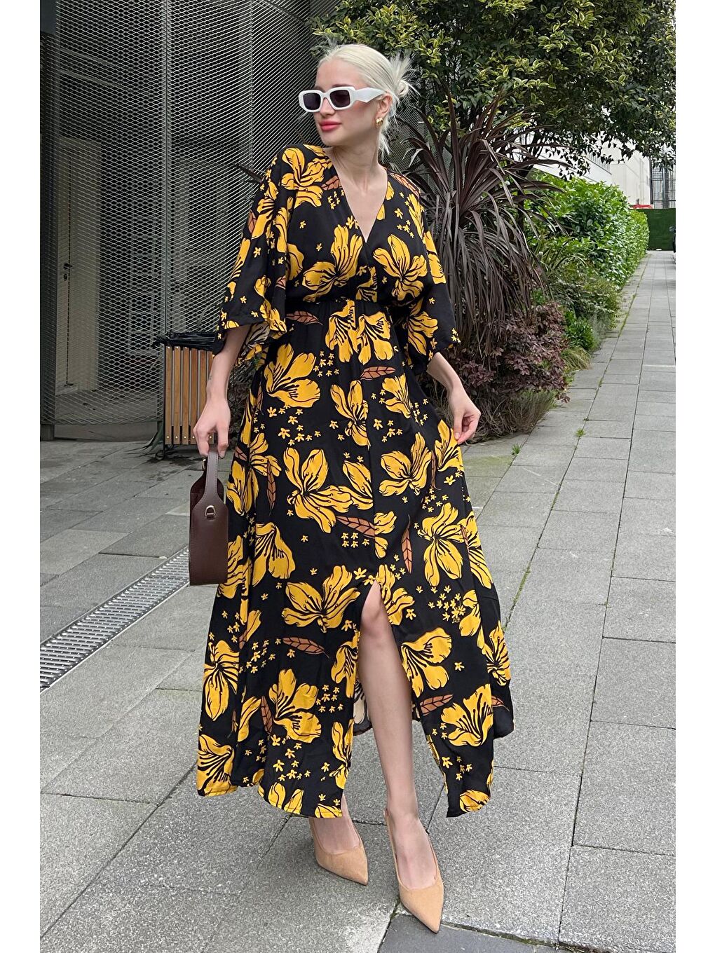 Sarı Hardal Uzun V Yaka Desenli Kadın Elbise Mg2076