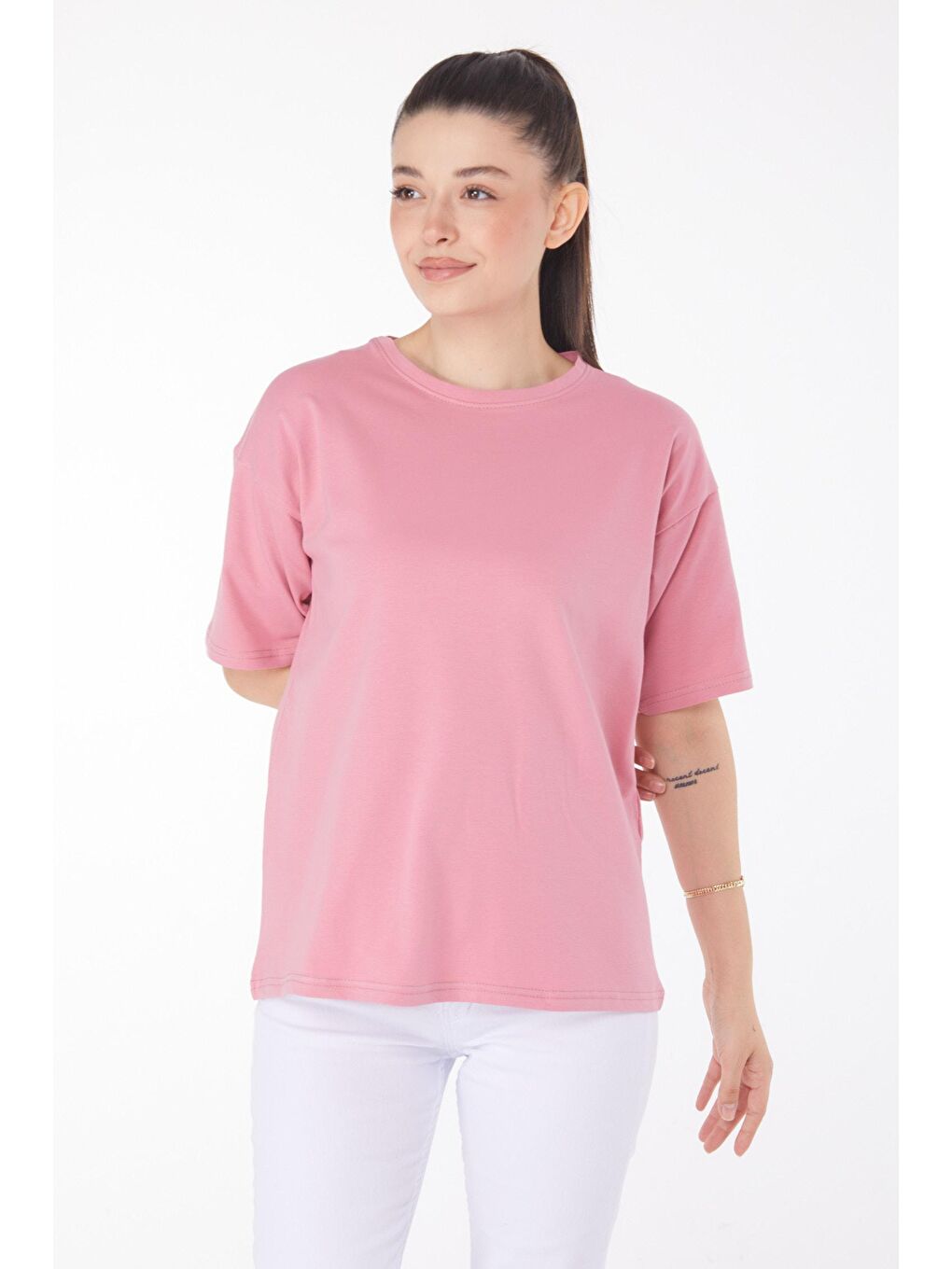 TOFİSA Pembe Düz Bisiklet Yaka Kadın Pembe T-Shirt - 25849 - 1