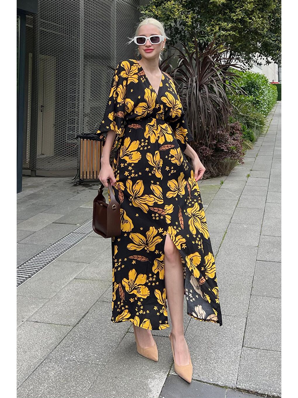 Sarı Hardal Uzun V Yaka Desenli Kadın Elbise Mg2076-1