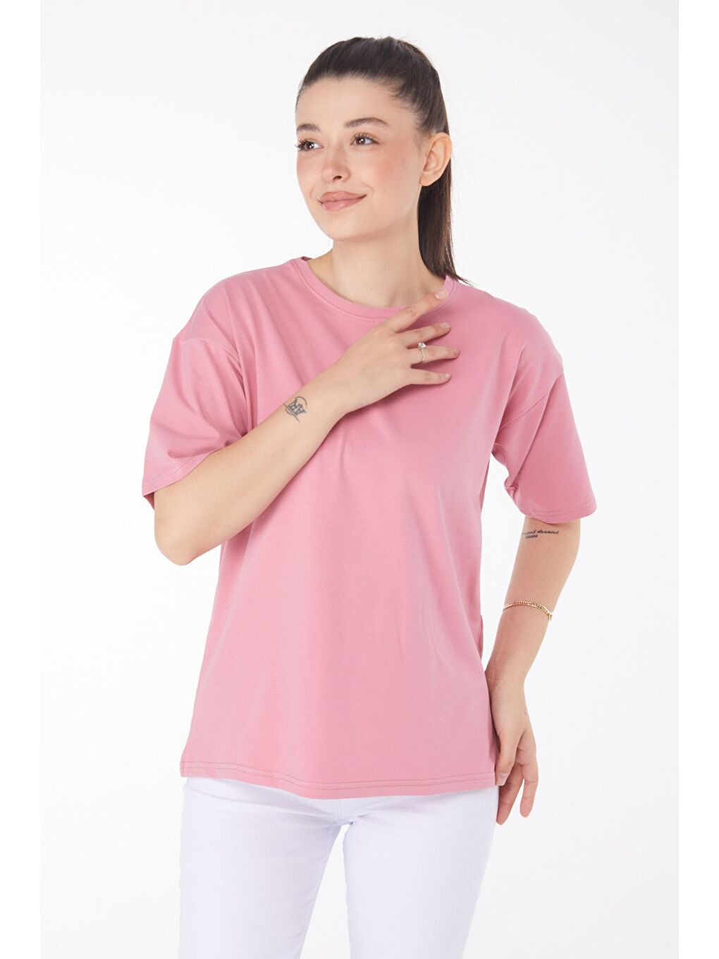 TOFİSA Pembe Düz Bisiklet Yaka Kadın Pembe T-Shirt - 25849 - 2