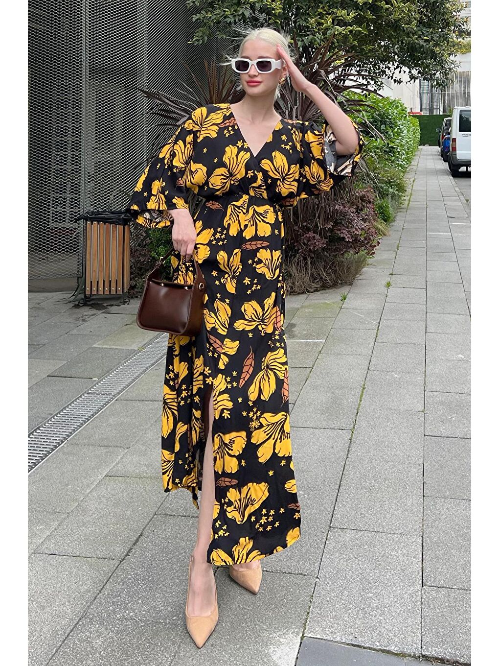 Sarı Hardal Uzun V Yaka Desenli Kadın Elbise Mg2076-2