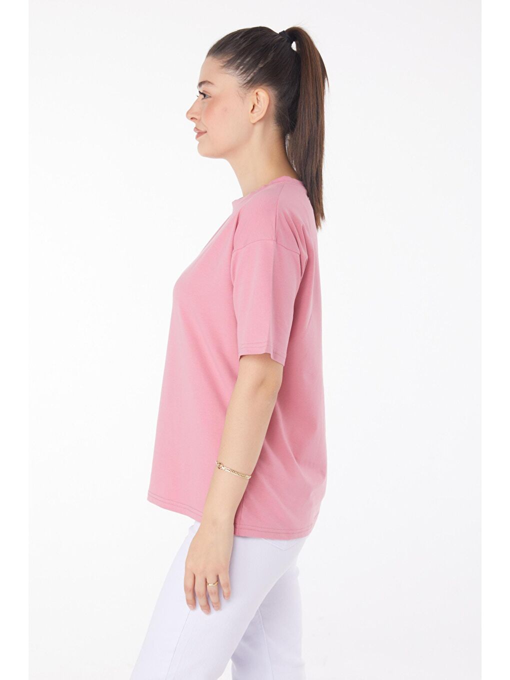 TOFİSA Pembe Düz Bisiklet Yaka Kadın Pembe T-Shirt - 25849 - 3