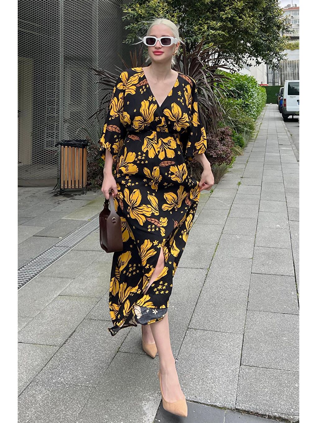 Sarı Hardal Uzun V Yaka Desenli Kadın Elbise Mg2076-3