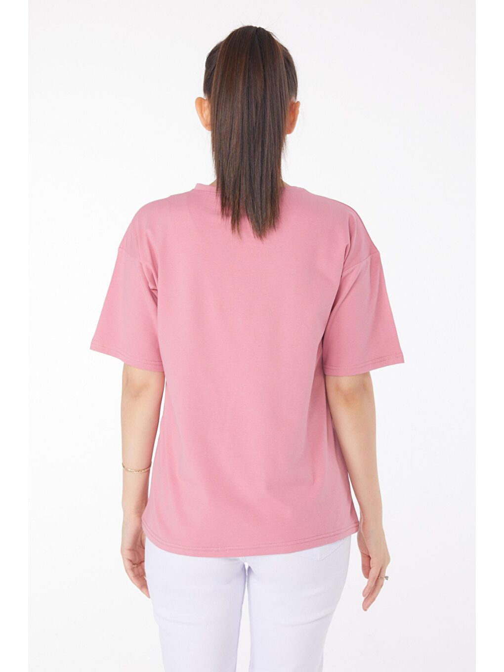 TOFİSA Pembe Düz Bisiklet Yaka Kadın Pembe T-Shirt - 25849 - 4