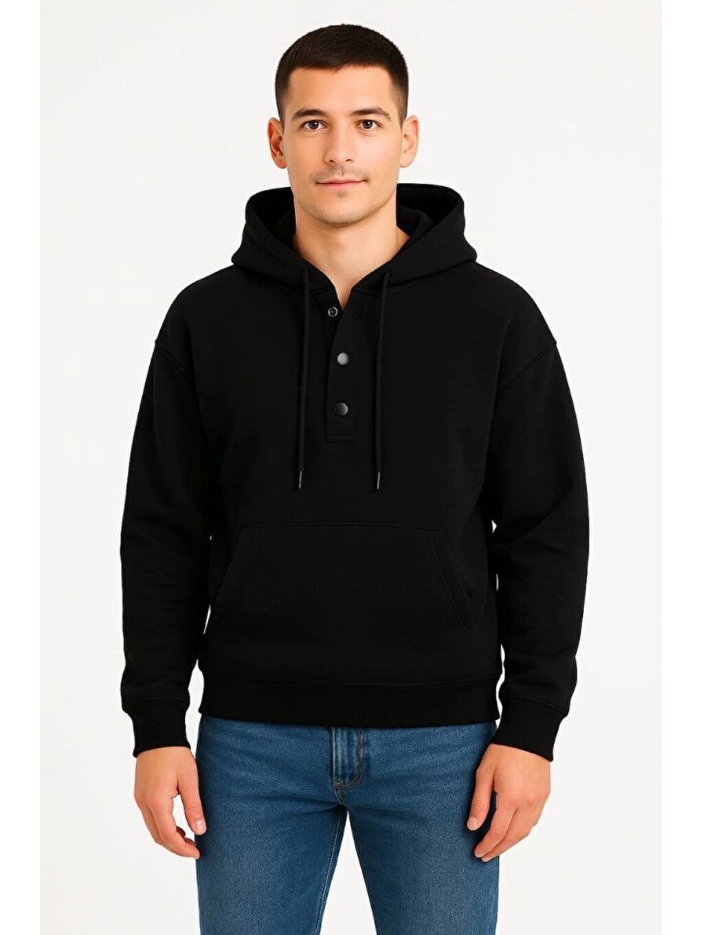 Erkek Ovarsize Kapüşonlu Swetshirt Kanguru Çepli Cıtcıtlı 3 Iplik Şardonlu Hoodie - Siyah-1