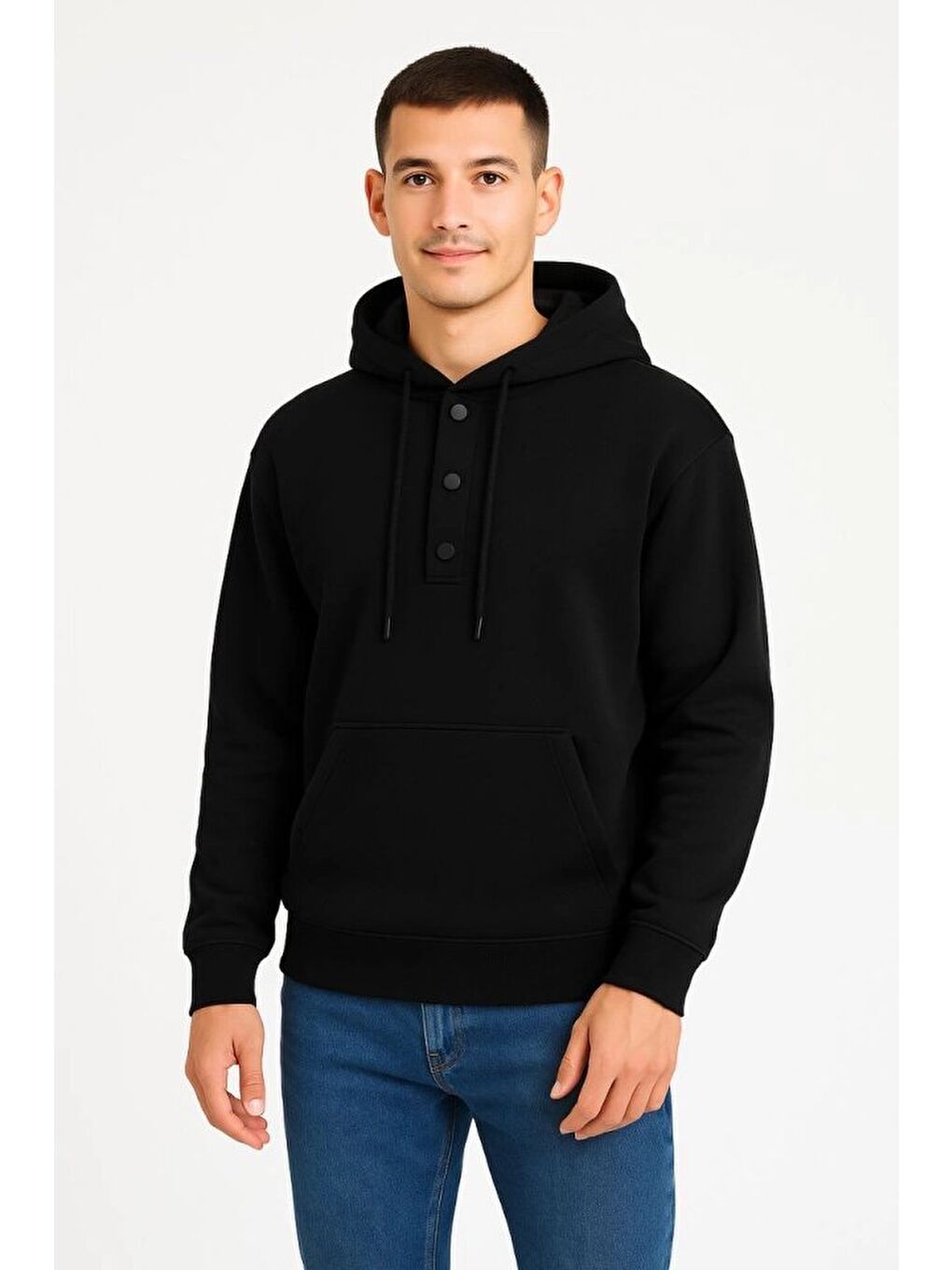 Erkek Ovarsize Kapüşonlu Swetshirt Kanguru Çepli Cıtcıtlı 3 Iplik Şardonlu Hoodie - Siyah-2