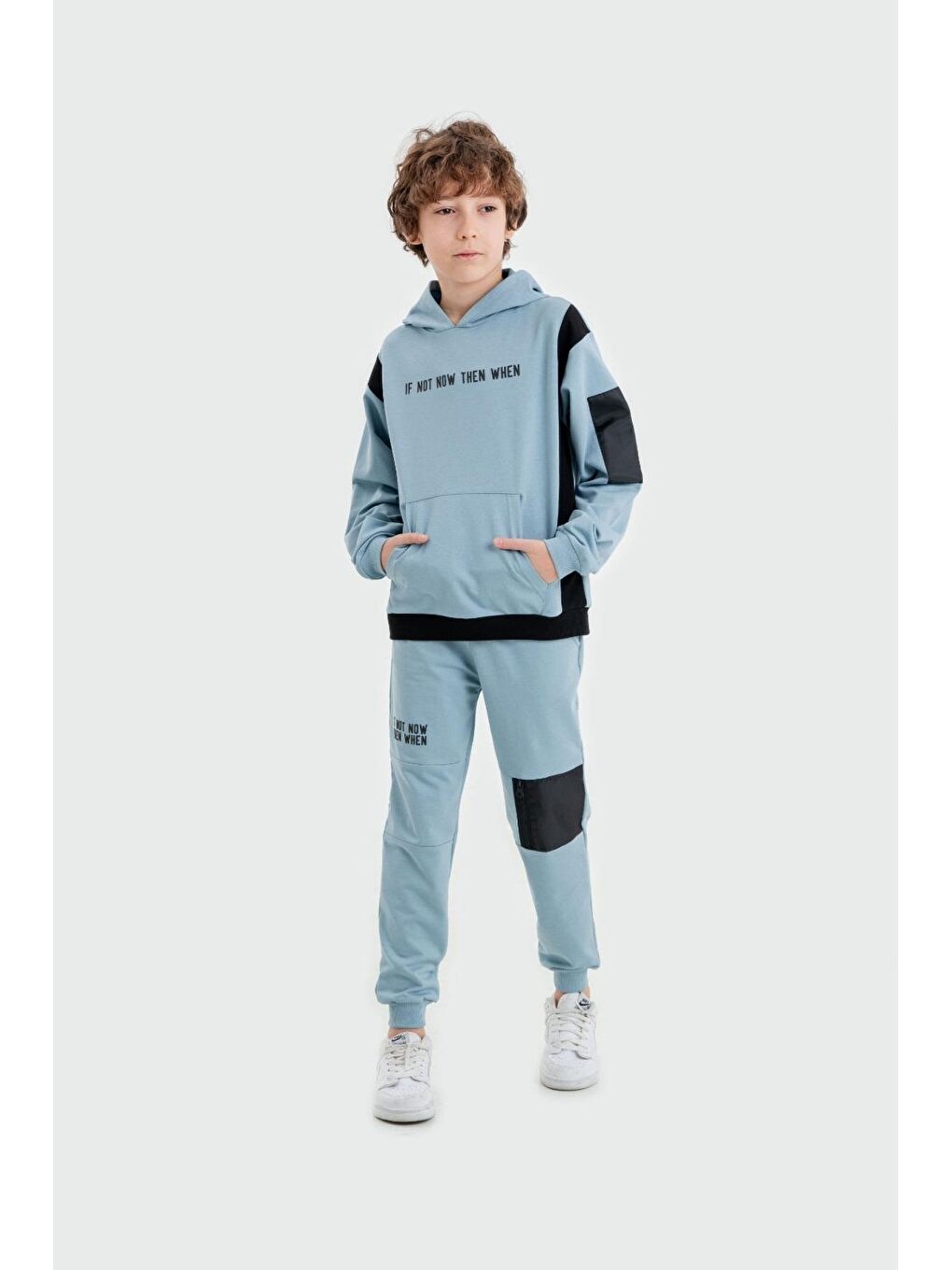 Mışıl Kids Mavi If Not Now Then When Baskılı Kapüşonlu Alt Üst Erkek Çocuk Sweatshirt Eşofman Takımı