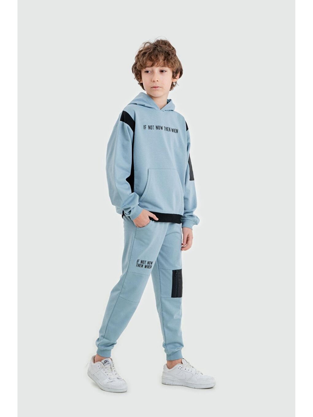 Mışıl Kids Mavi If Not Now Then When Baskılı Kapüşonlu Alt Üst Erkek Çocuk Sweatshirt Eşofman Takımı - 1