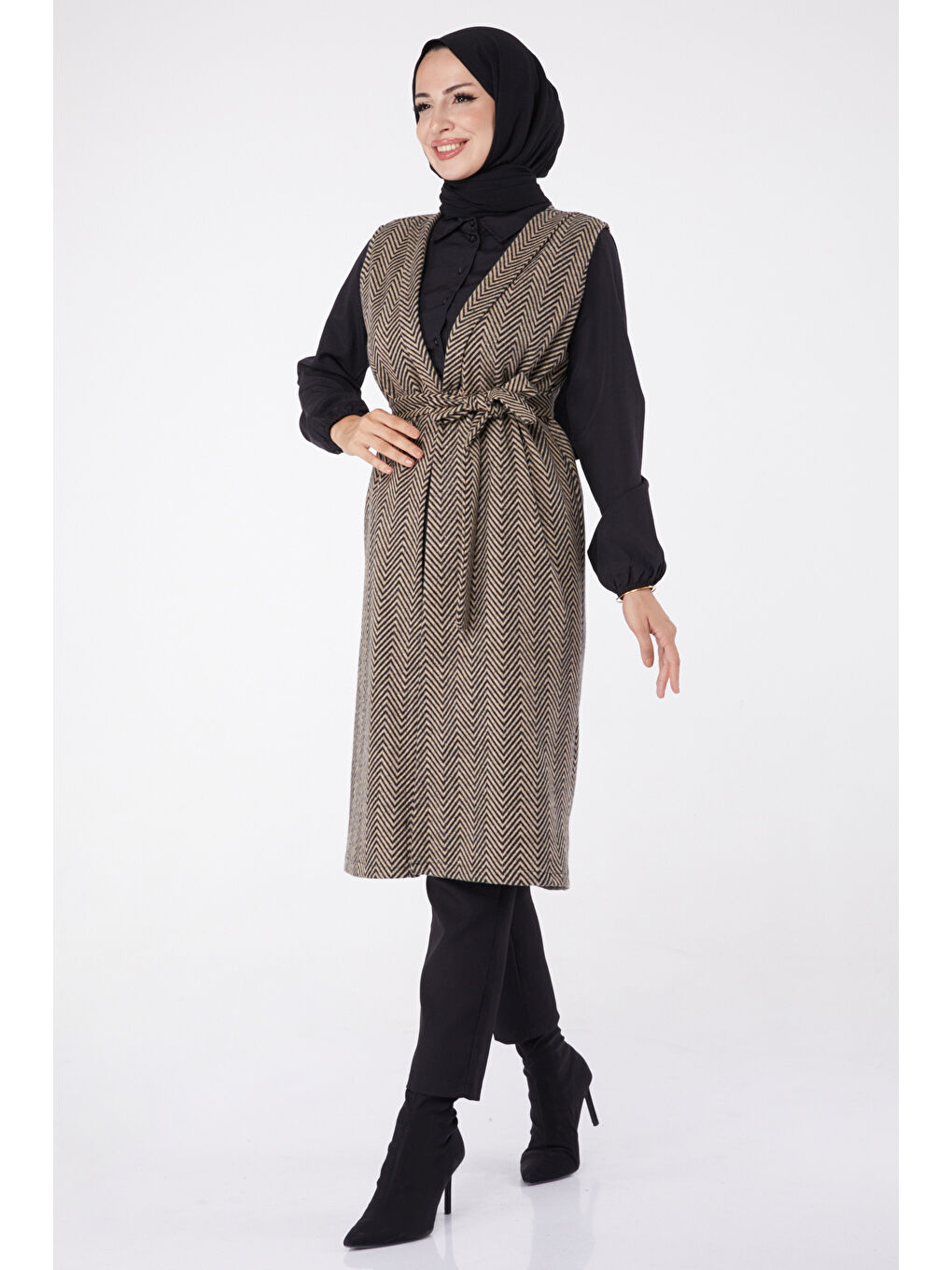 Bej Desenli Kuşaklı Yelek Vizon - 27758-VIZON