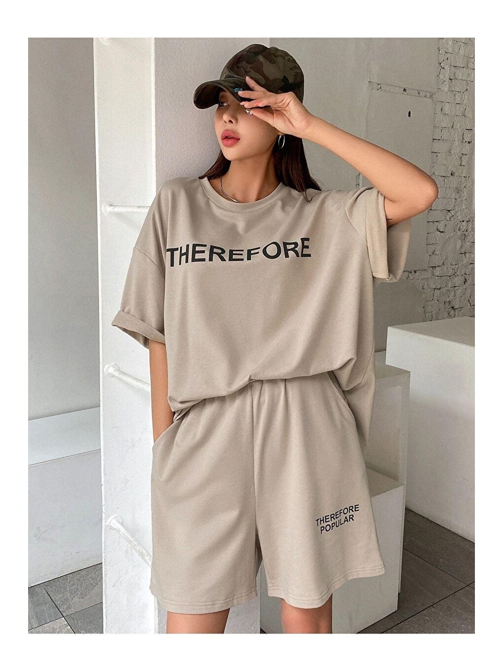 Trendseninle Vizon Kadın Vizon Therefore Baskılı Oversize Şortlu Takım - 5