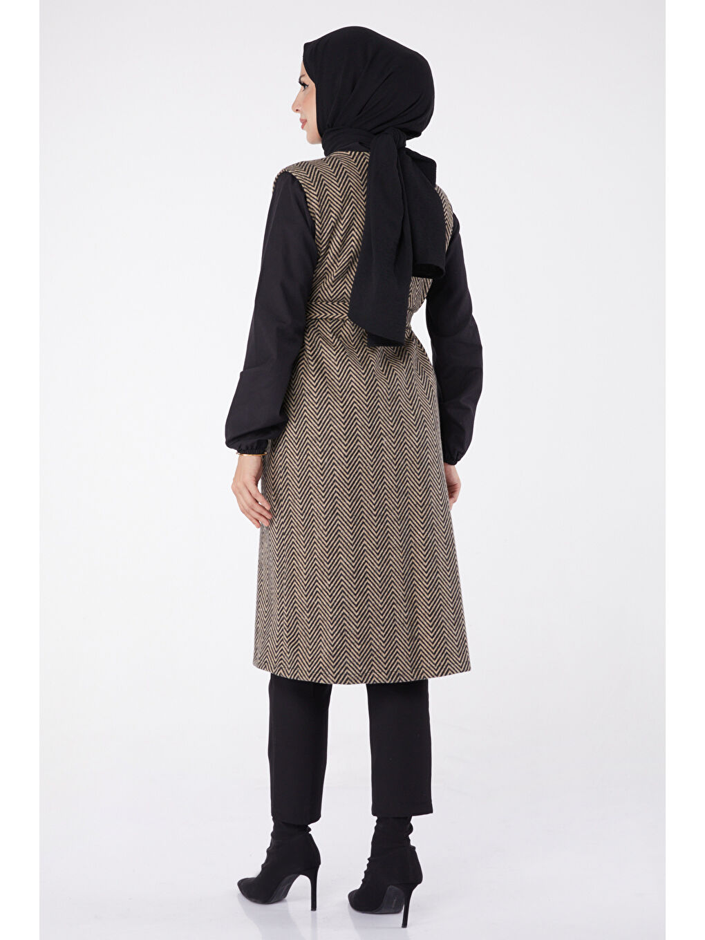 Bej Desenli Kuşaklı Yelek Vizon - 27758-VIZON-1