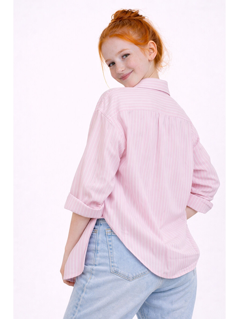 Pembe Kız Çocuk Çizgili Taşı Crop Badili Gömlek Takım Ak2606-1