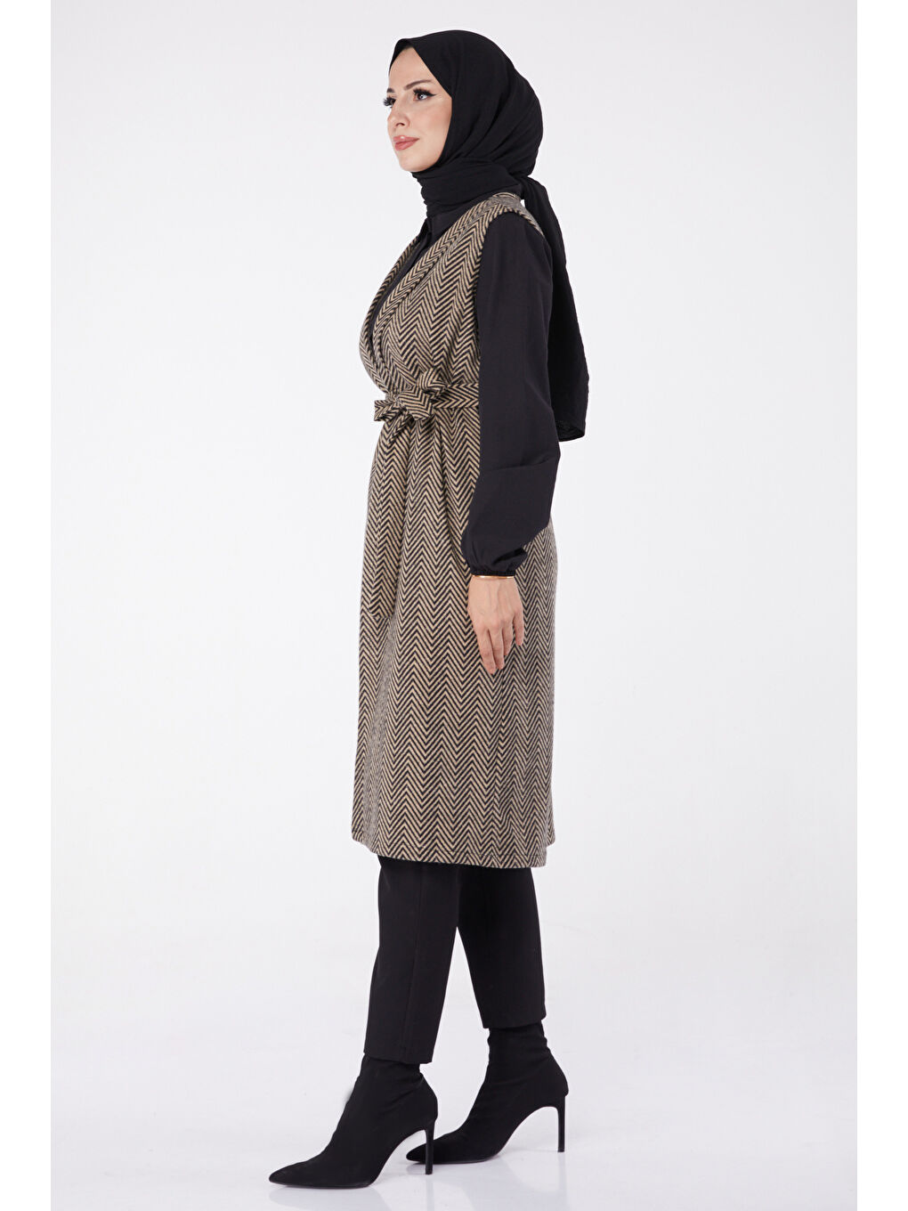 Bej Desenli Kuşaklı Yelek Vizon - 27758-VIZON-2