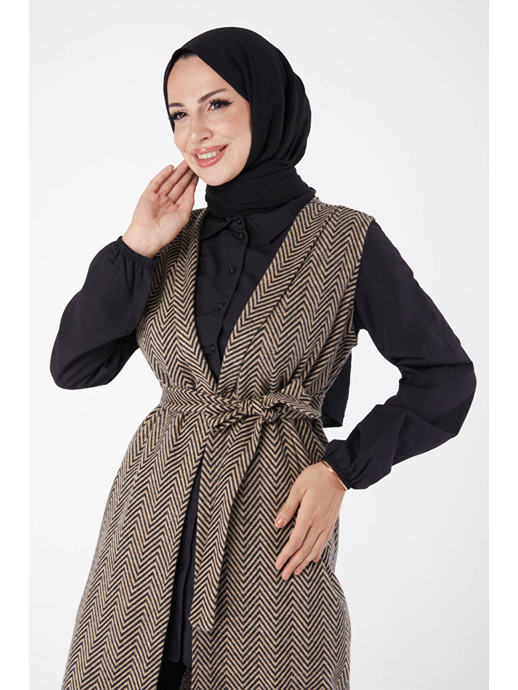 Bej Desenli Kuşaklı Yelek Vizon - 27758-VIZON-3