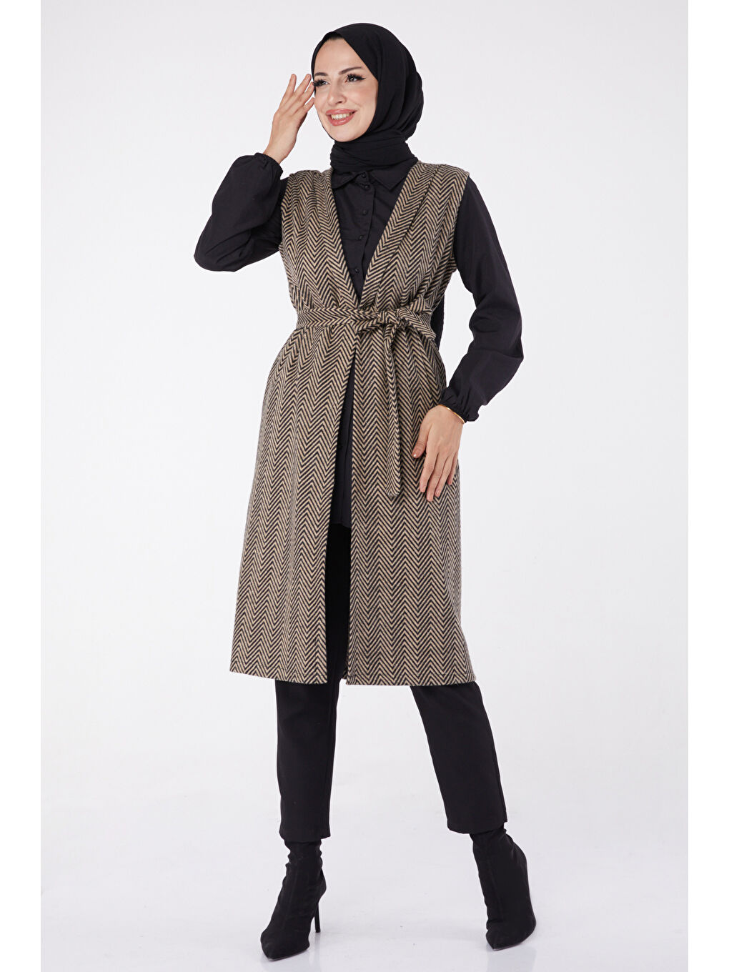 Bej Desenli Kuşaklı Yelek Vizon - 27758-VIZON-4