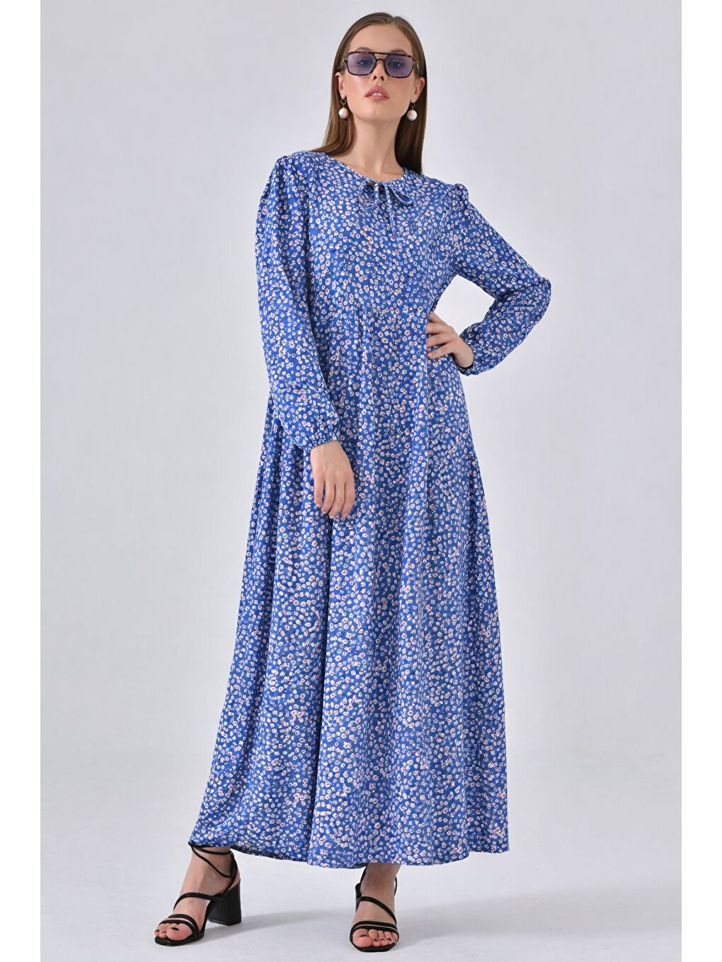 Mavi Bisiklet Yaka Büzgülü Maxi Elbise