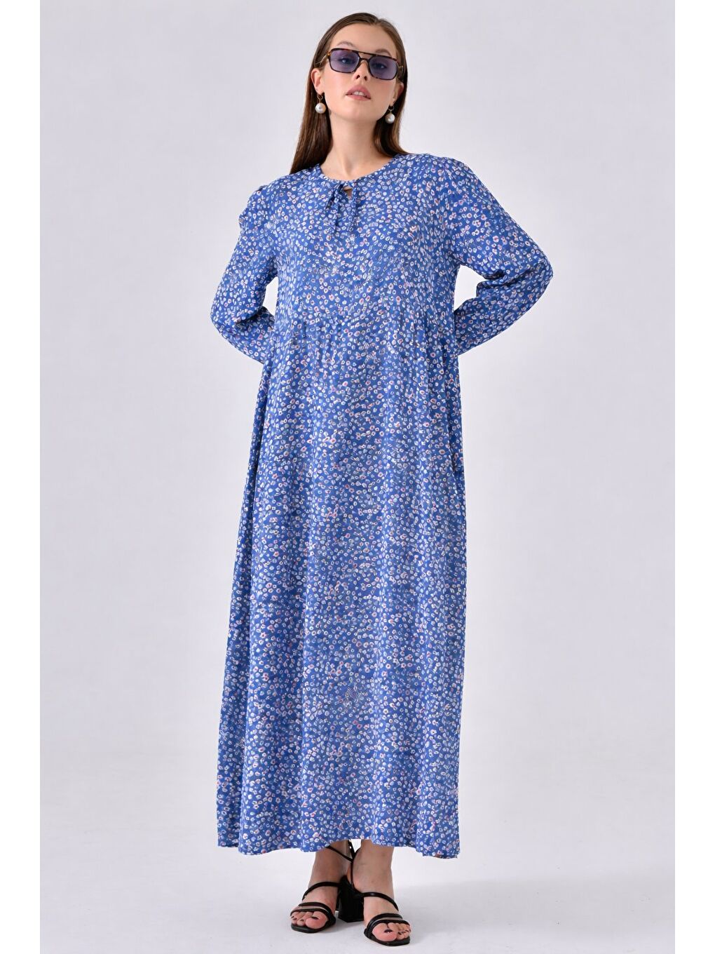 Mavi Bisiklet Yaka Büzgülü Maxi Elbise-1