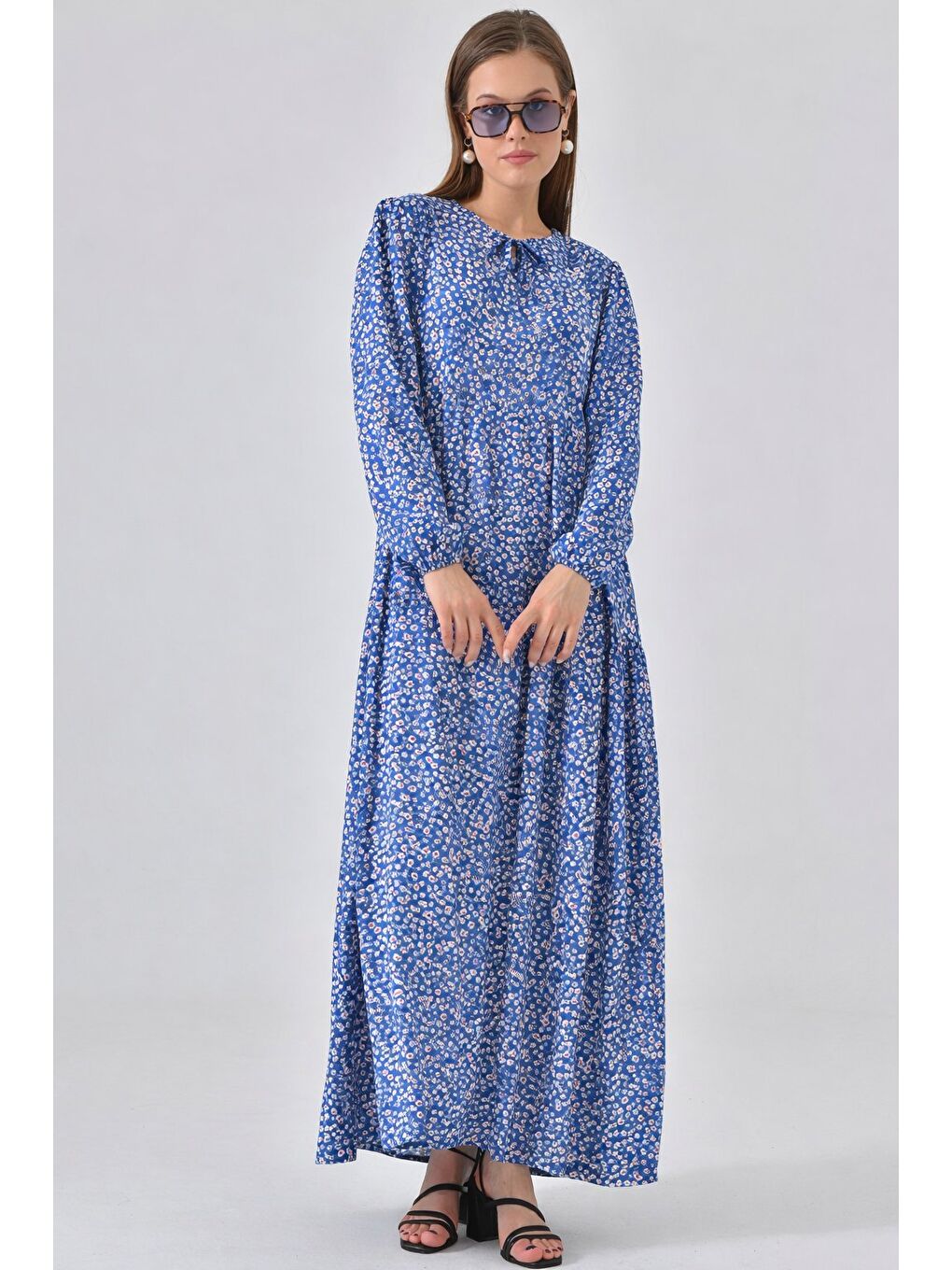 Mavi Bisiklet Yaka Büzgülü Maxi Elbise-2
