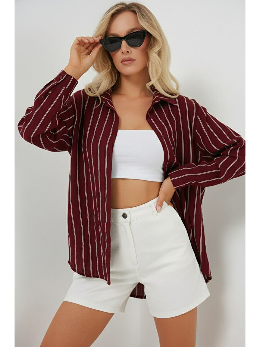 Kadın Çizgili Oversize Gömlek 20293 - Bordo-1
