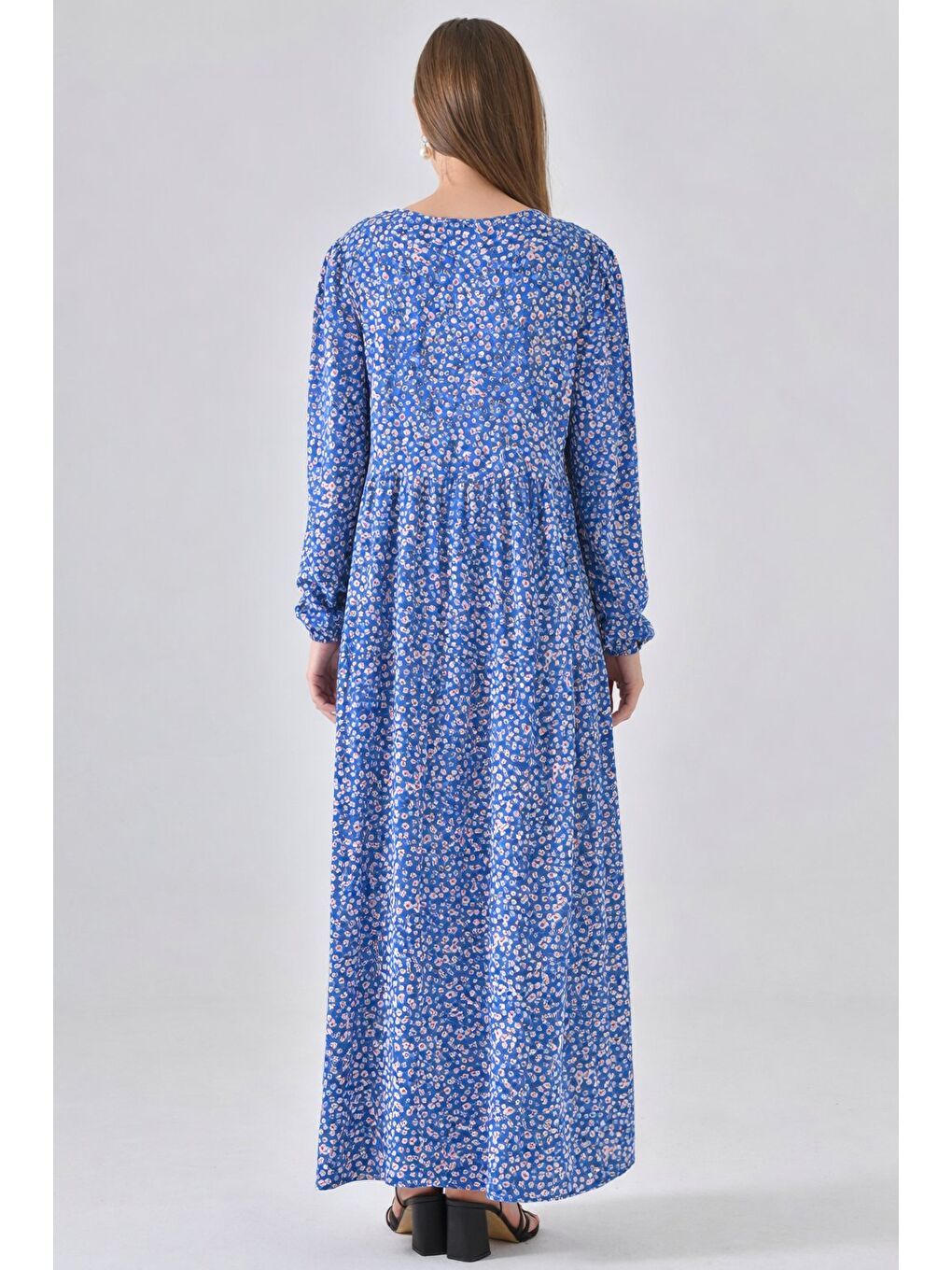 Mavi Bisiklet Yaka Büzgülü Maxi Elbise-4