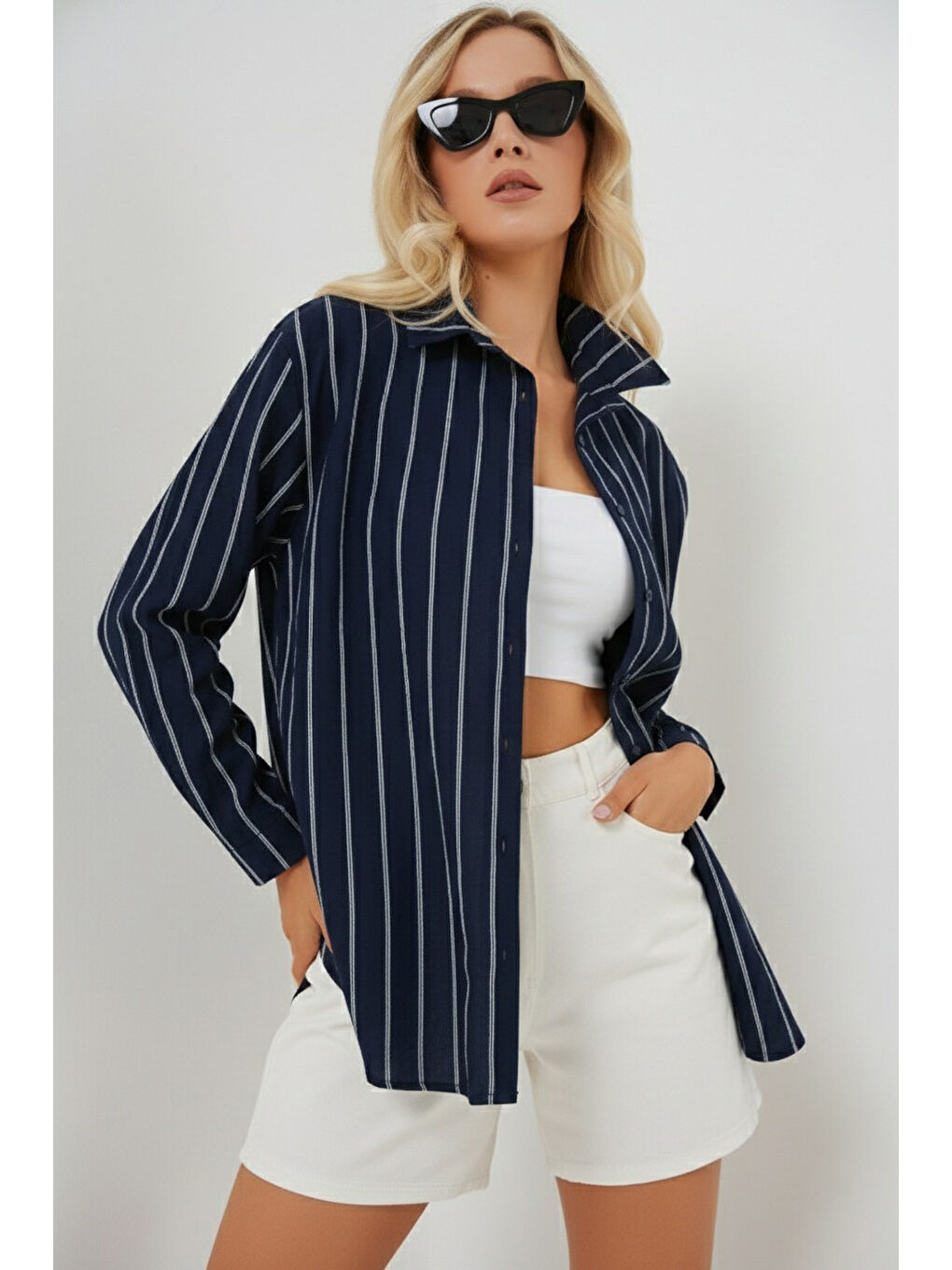 Kadın Çizgili Oversize Gömlek 20293 - Lacivert
